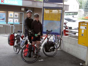 Emma and Chris outside of the train station in Romont waiting for the cycling trip to start. Greg taking the picture